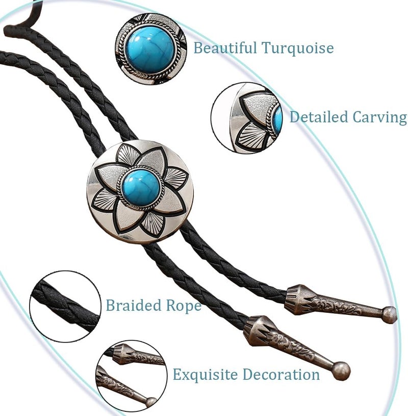 FGSS Vintage Turquoise Bolo Tie For Men - Western Cowboy Colored Oval Bola Necktie Retro Leather Necklace for Men Women - Image 3